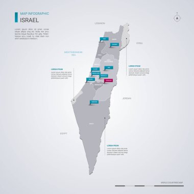 İsrail vektör harita Infographic elemanları ile işaretçi işaretler. Düzenlenebilir bir şablona bölgeler, şehirler ve sermaye Jerusalem. 
