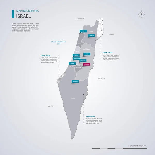 Izrael Mapa Wektor Elementami Infografikę Oznacza Wskaźnik Edytowalny Szablon Regionów — Wektor stockowy