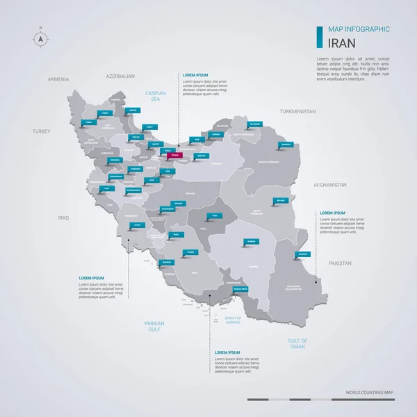 Векторная Карта Ирана Инфографическими Элементами Указателями Редактируемый Шаблон Областями Городами — стоковый вектор