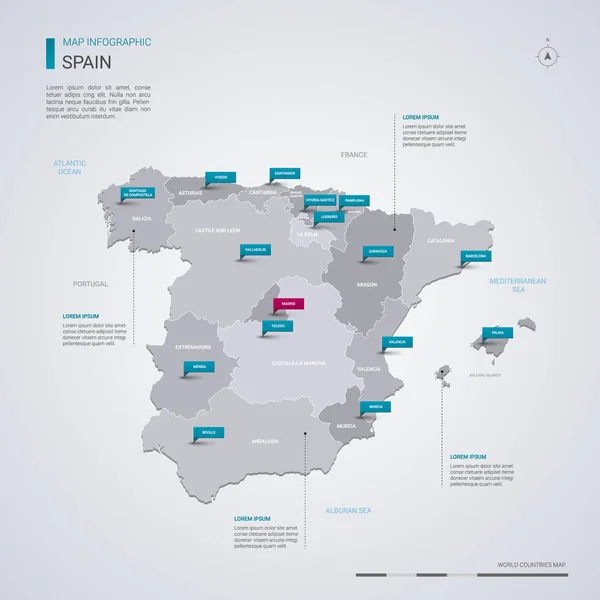 Spanyolország Vektoros Térkép Infographic Elemekkel Egérmutató Jelzi Régiók Városok Tőke — Stock Vector