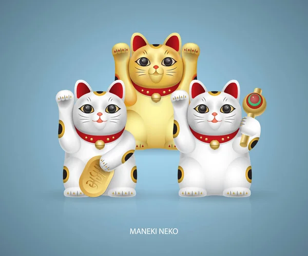 Διαφορετικοί Τύποι Maneki Neko Τυχερός Ιαπωνία Γάτα Μπλε Χρώμα Φόντου — Διανυσματικό Αρχείο