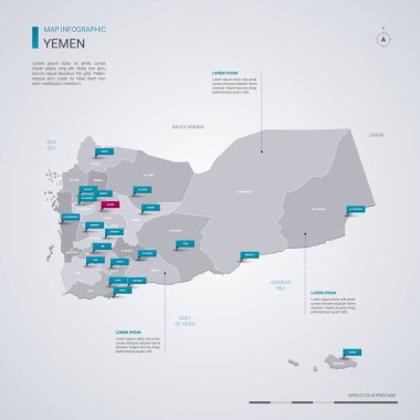 Yemen vektör harita Infographic elemanları ile işaretçi işaretler. Düzenlenebilir bir şablona bölgeler, şehirler ve sermaye Sanaa. 