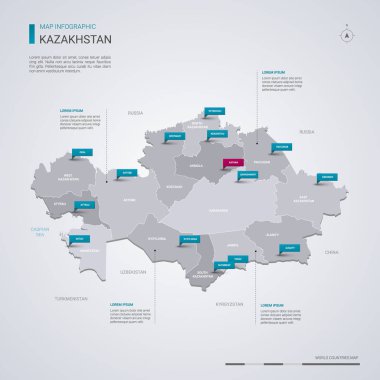 Kazakistan vektör harita Infographic elemanları ile işaretçi işaretler. Düzenlenebilir bir şablona bölgeler, şehirler ve başkenti Astana. 