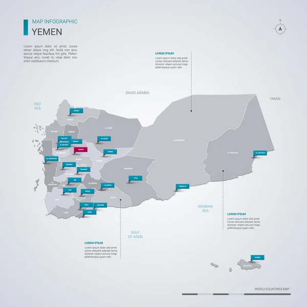 Yemen Mapa Vectorial Con Elementos Infográficos Marcas Puntero Plantilla Editable — Archivo Imágenes Vectoriales