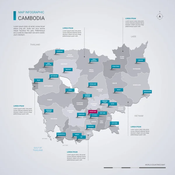 Kamboçya Vektör Harita Infographic Elemanları Ile Işaretçi Işaretler Bölgeler Şehirler — Stok Vektör