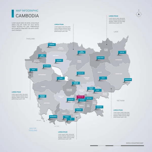 Cambodia Vector Map Infographic Elements Pointer Marks Editable Template Regions — Stock Vector