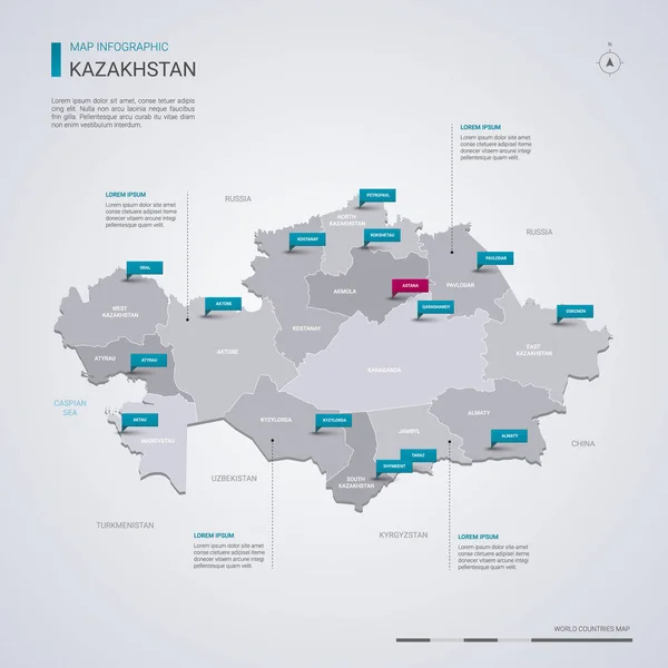 Mappa Vettoriale Del Kazakistan Con Elementi Infografici Segni Puntatore Modello — Vettoriale Stock