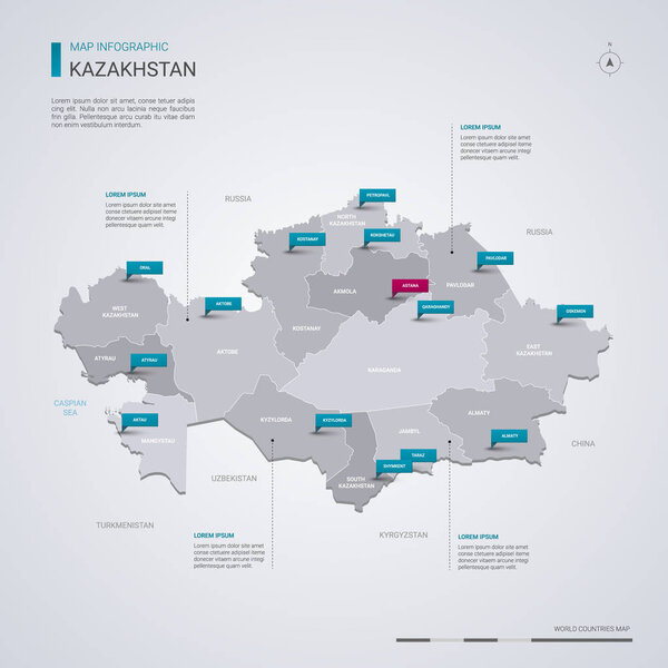 Kazakhstan vector map with infographic elements, pointer marks. Editable template with regions, cities and capital Astana. 