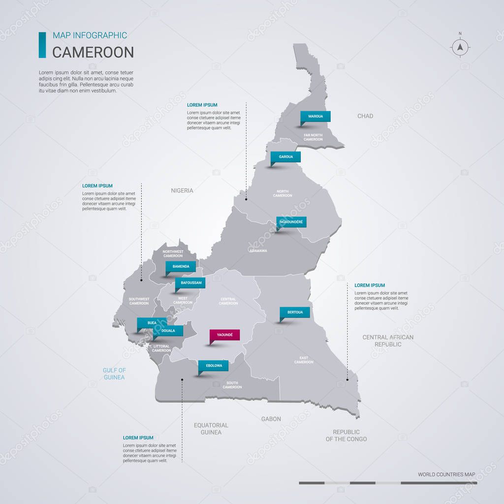 Cameroon vector map with infographic elements, pointer marks. Editable template with regions, cities and capital Yaounde. 