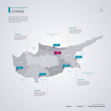 Kıbrıs vektör harita Infographic elemanları ile işaretçi işaretler. Düzenlenebilir bir şablona bölgeler, şehirler ve sermaye Nicosia. 