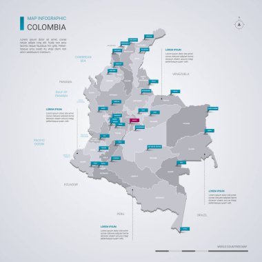 Kolombiya vektör harita Infographic elemanları ile işaretçi işaretler. Düzenlenebilir bir şablona bölgeler, şehirler ve sermaye Bogota. 