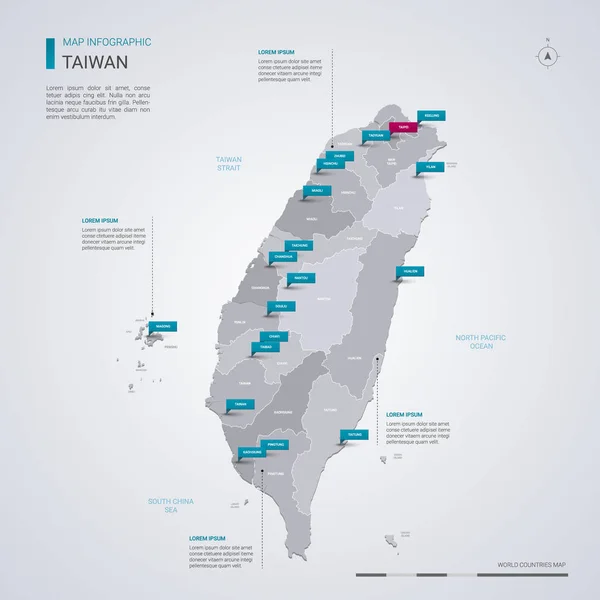 Mapa Vetorial Taiwan Com Elementos Infográficos Marcas Ponteiro Modelo Editável — Vetor de Stock