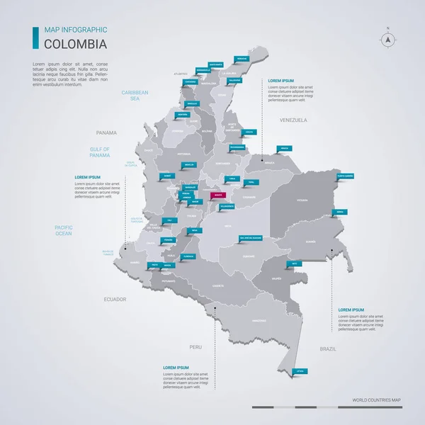 Kolumbia Mapa Wektor Elementami Infografikę Oznacza Wskaźnik Edytowalny Szablon Regionami — Wektor stockowy