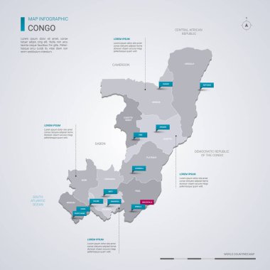 Kongo vektör harita Infographic elemanları ile işaretçi işaretler. Bölgeler, şehirler ve sermaye Brazzaville düzenlenebilir bir şablona. 
