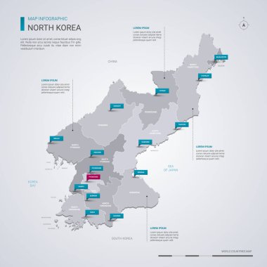 Infographic elemanları, işaretçi işaretleri ile Kuzey Kore vektör harita. Bölgeler, şehirler ve sermaye Pyongyang düzenlenebilir bir şablona. 