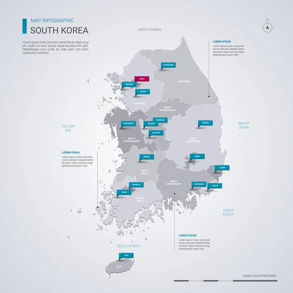 Infographic elemanları, işaretçi işaretleri ile Güney Kore vektör harita. Düzenlenebilir bir şablona bölgeler, şehirler ve başkenti Seoul. 