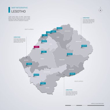 Lesotho vektör harita Infographic elemanları ile işaretçi işaretler. Düzenlenebilir bir şablona bölgeler, şehirler ve sermaye: Maseru. 