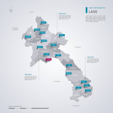 Laos Haritası Infographic elemanları, işaretçi işaretleri ile vektör. Bölgeler, şehirler ve sermaye Vientiane düzenlenebilir bir şablona. 