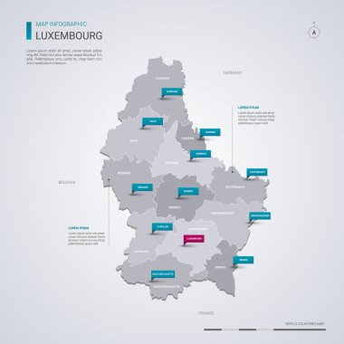Lüksemburg vektör harita Infographic elemanları ile işaretçi işaretler. Düzenlenebilir bir şablona bölgeler, şehirler ve sermaye. 