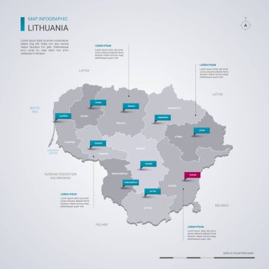 Litvanya vektör harita Infographic elemanları ile işaretçi işaretler. Düzenlenebilir bir şablona bölgeler, şehirler ve başkenti Vilnius. 