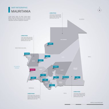 Infographic elemanları ile Moritanya vektör harita, işaretçi işaretler. Bölgeler, şehirler ve başkent Nouakchott düzenlenebilir bir şablona. 