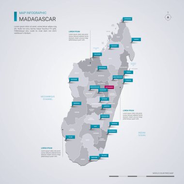 Madagaskar vektör harita Infographic elemanları ile işaretçi işaretler. Bölgeler, şehirler ve sermaye Antananarivo düzenlenebilir bir şablona. 