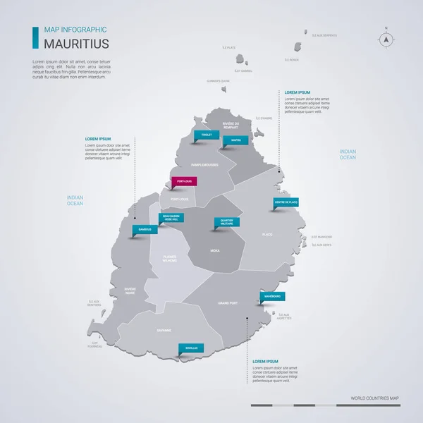 Mauritius Vektorkarte Mit Infographischen Elementen Zeigemarken Editierbare Vorlage Mit Regionen — Stockvektor