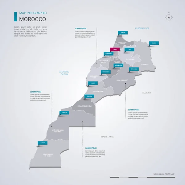 Marruecos Mapa Vectorial Con Elementos Infográficos Marcas Puntero Plantilla Editable — Archivo Imágenes Vectoriales