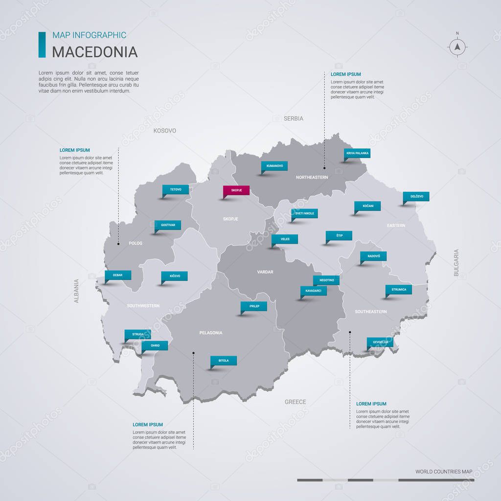 Macedonia vector map with infographic elements, pointer marks. Editable template with regions, cities and capital Skopje. 