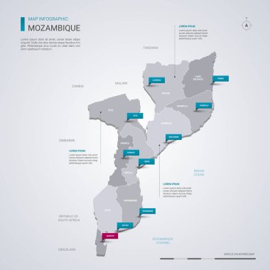 Mozambik vektör harita Infographic elemanları, işaretçi işaretleri ile