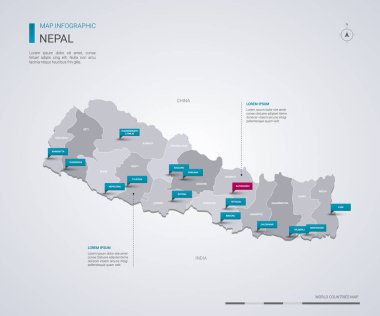 Nepal vektör harita Infographic elemanları ile işaretçi işaretler. Düzenlenebilir bir şablona bölgeler, şehirler ve sermaye Katmandu. 