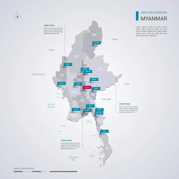 Myanmar (Birmania) mapa vectorial con elementos infográficos, ma puntero — Vector de stock