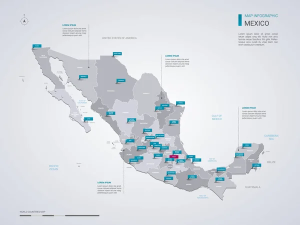 Vektorová mapa s infografika prvky, ukazatele značky Mexiko. — Stockový vektor