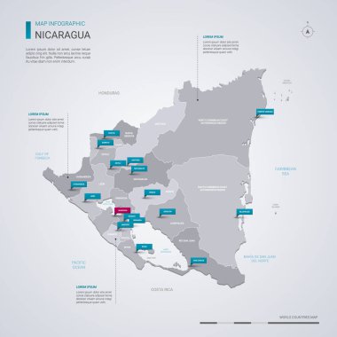 Nikaragua vektör harita Infographic elemanları ile işaretçi işaretler. Düzenlenebilir bir şablona bölgeler, şehirler ve sermaye Managua. 