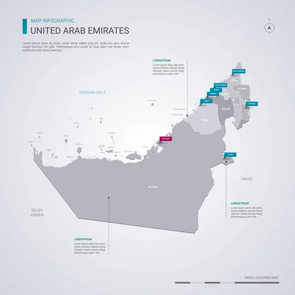 Векторная Карта Объединенных Арабских Эмиратов Инфографическими Элементами Указателями Редактируемый Шаблон — стоковый вектор