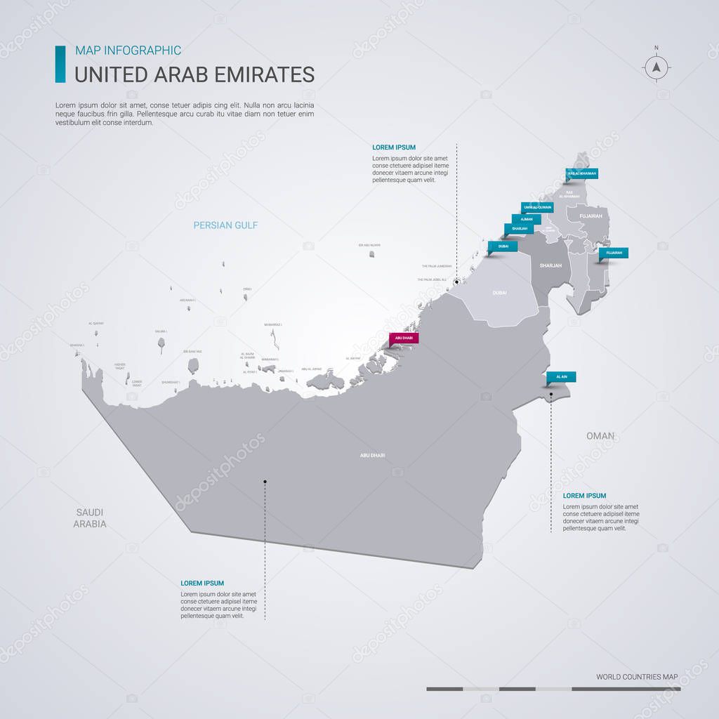 United Arab Emirates vector map with infographic elements, pointer marks. Editable template with regions, cities and capital Abu Dhabi. 