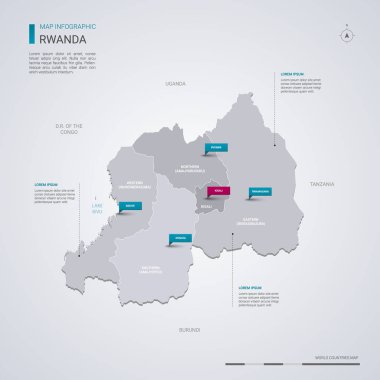 Ruanda vektör harita Infographic elemanları, işaretçi işaretleri ile.