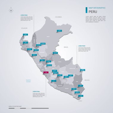 Peru vektör harita Infographic elemanları, işaretçi işaretleri ile.