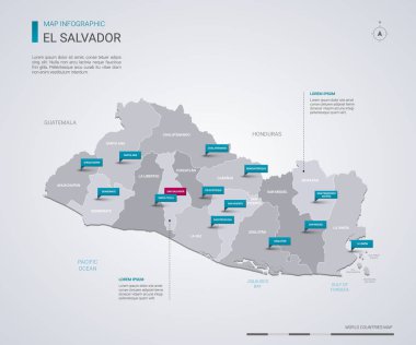 El Salvador vektör harita Infographic elemanları, işaretçi işaretleri ile.