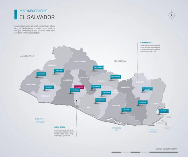 El Salvador mappa vettoriale con elementi infografici, segni di puntatore . — Vettoriale Stock