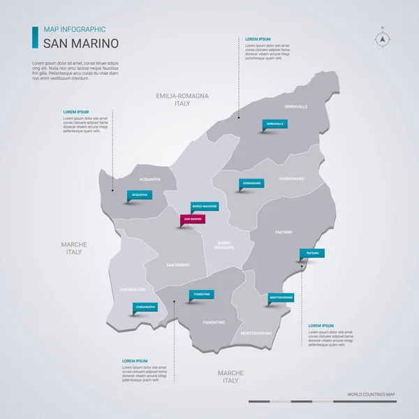 Mapa vectorial de San Marino con elementos infográficos, marcas de puntero . — Archivo Imágenes Vectoriales