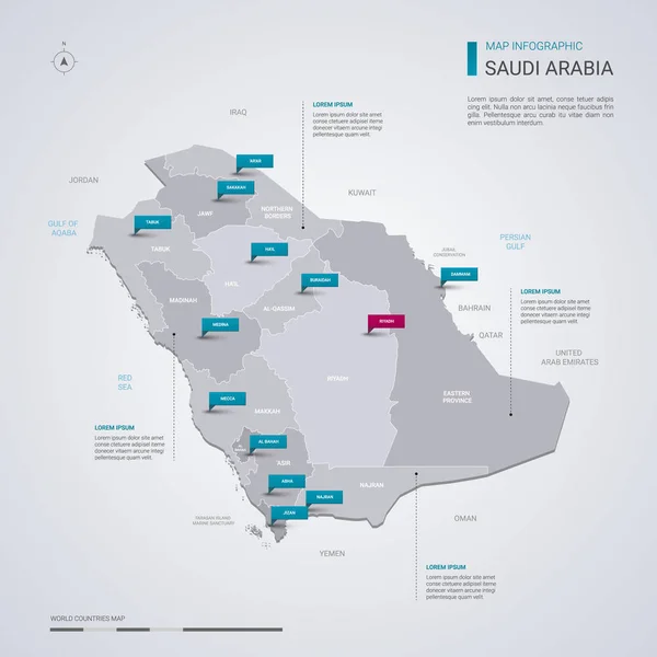 Arabia Saudita mapa vectorial con elementos infográficos, marcas de puntero — Archivo Imágenes Vectoriales
