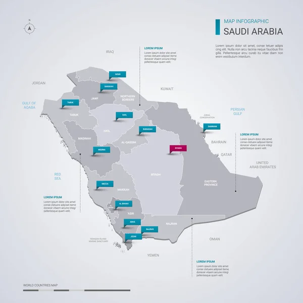 Suudi Arabistan vektör harita Infographic elemanları, işaretçi işaretleri ile