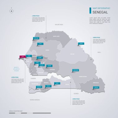 Senegal vektör harita Infographic elemanları, işaretçi işaretleri ile.