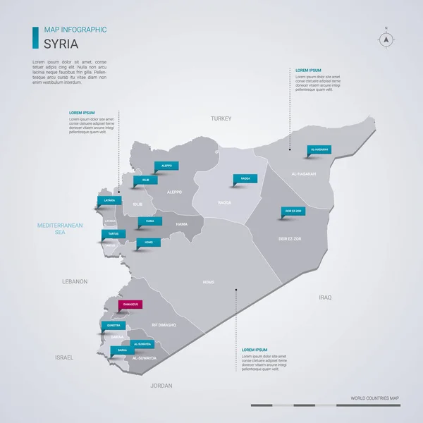 Mapa vetorial Síria com elementos infográficos, marcas de ponteiro . —  Vetores de Stock