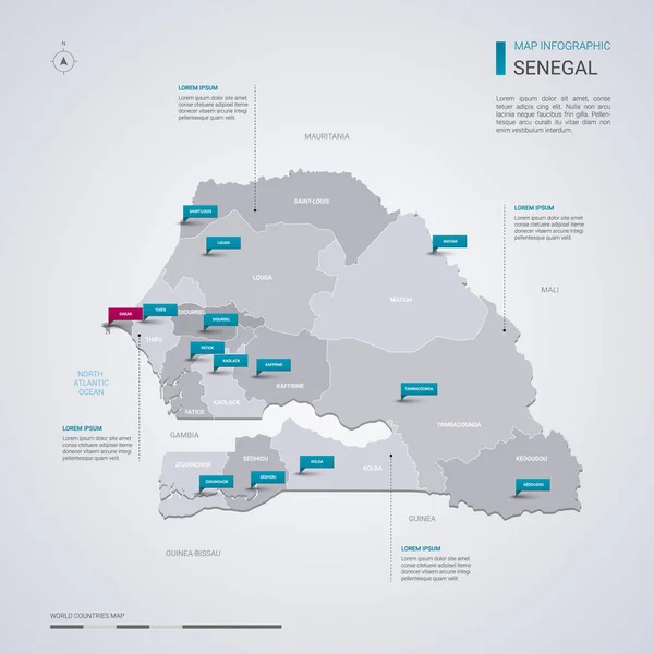 Senegal mapa vectorial con elementos infográficos, marcas de puntero . — Vector de stock