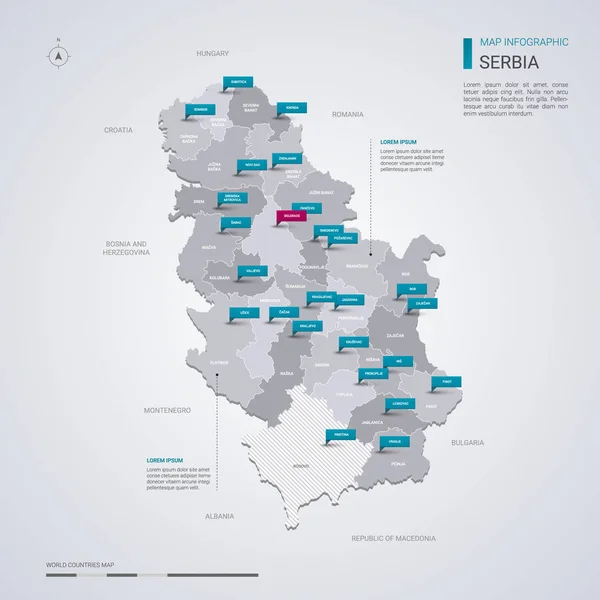 Serbia mapa vectorial con elementos infográficos, marcas de puntero . — Vector de stock