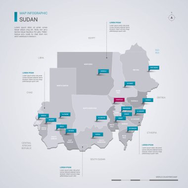 Sudan vektör harita Infographic elemanları, işaretçi işaretleri ile.