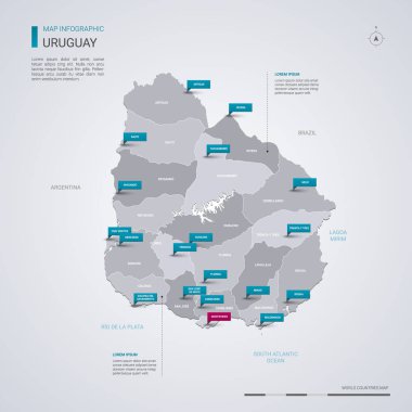 Uruguay vektör harita Infographic elemanları, işaretçi işaretleri ile.