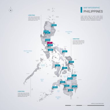 Filipinler vektör harita Infographic elemanları, işaretçi işaretleri ile.